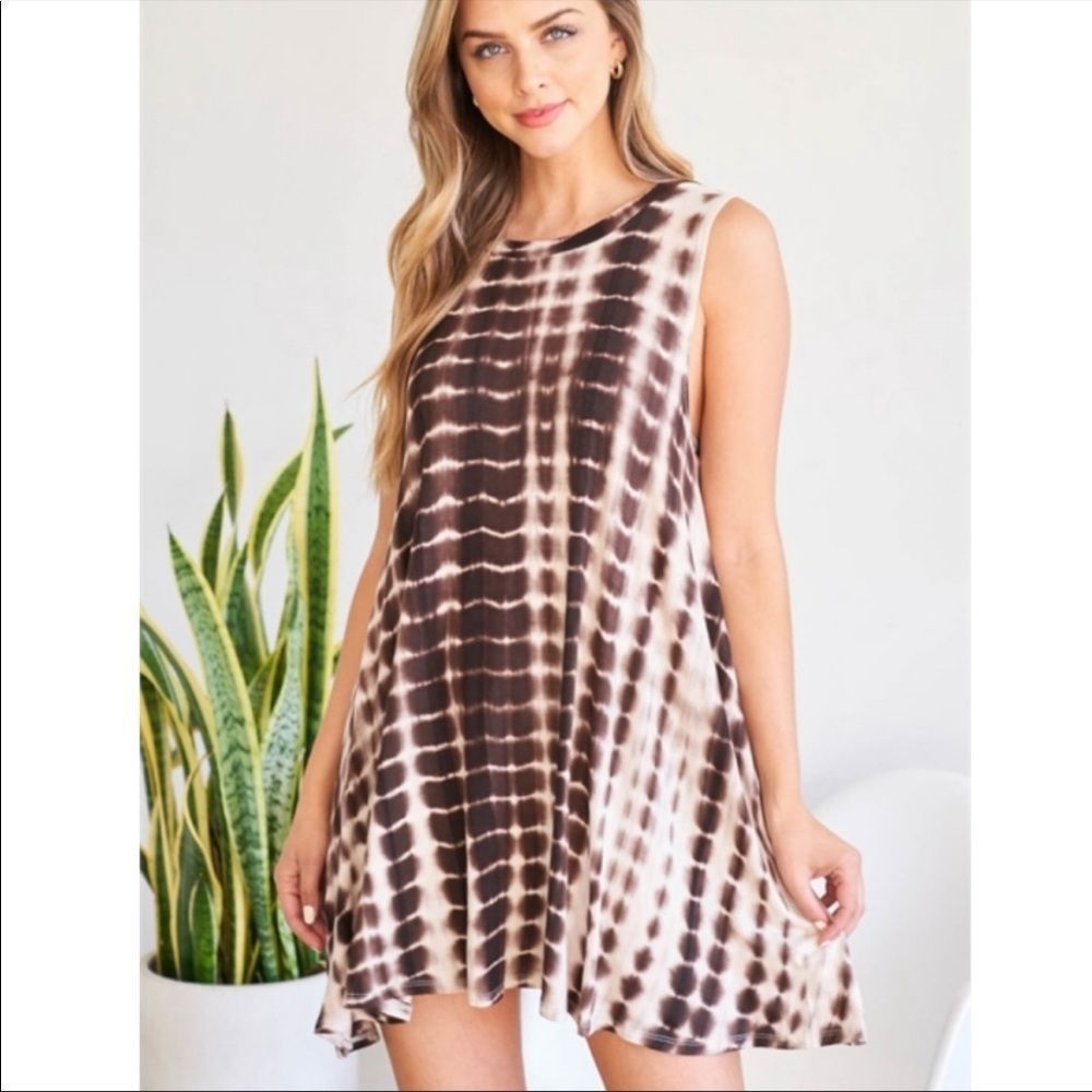 NWT Audrey 3+1 Mini Dress Size Small Tie Dye Brown And Beige Color